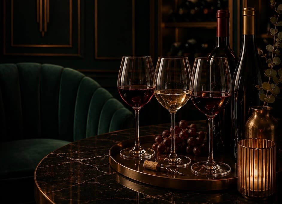 Three glasses of wine and bottles on a marble table at RTC London