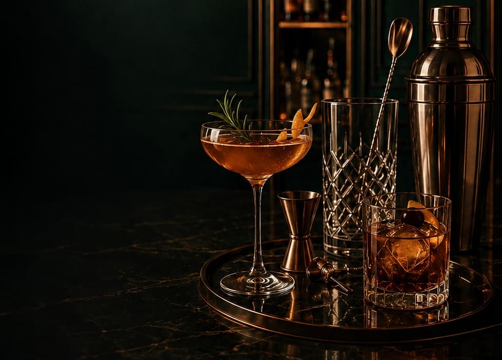 Handcrafted cocktails and bartending tools on a tray at RTC London