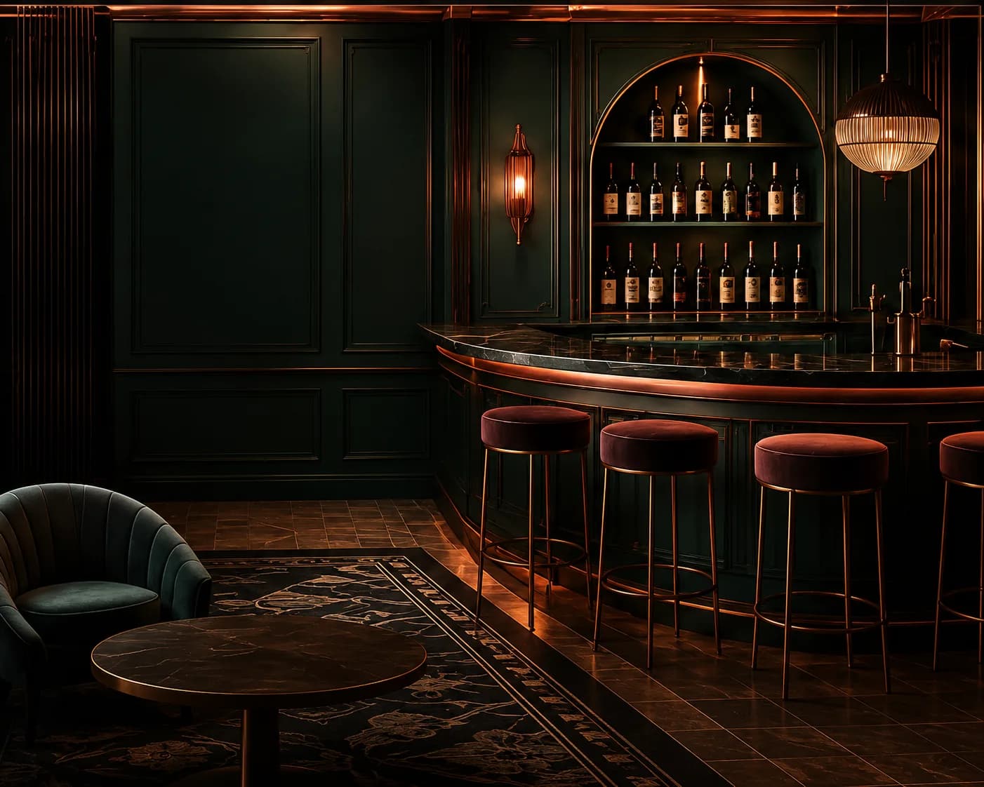 RTC London's Art Deco bar interior, with wine bottles displayed on shelves and velvet stools at the bar